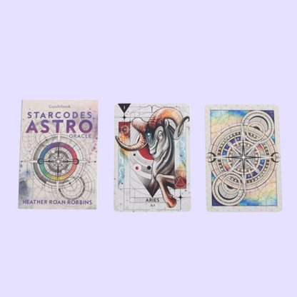 The Starcodes Astro oracle card deck by Heather Roan Robbins includes a 56-card deck and a guidebook with 135 pages of information to help guide you on your spiritual journey. This deck delivers messages from the universe and deepens the reader's knowledge of astrological terminology with each draw. Beautifully illustrated by Lucas De Souza and presented in a matching sliding box