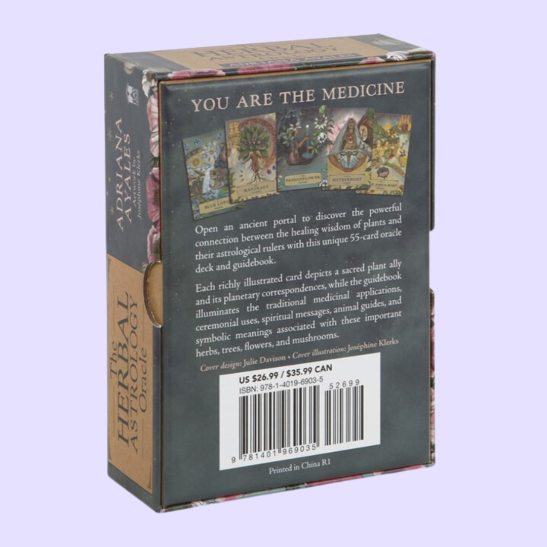 The Herbal Astrology Oracle card deck by Adriana Ayales includes a 55-card deck and 176 page guidebook. This deck opens the user to spiritual healing and guidance through the healing power of plants. Beautifully presented in a matching box
