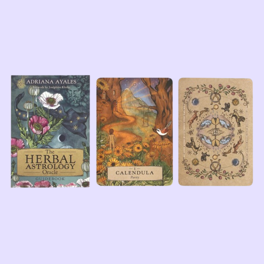 The Herbal Astrology Oracle card deck by Adriana Ayales includes a 55-card deck and 176 page guidebook. This deck opens the user to spiritual healing and guidance through the healing power of plants. Beautifully presented in a matching box