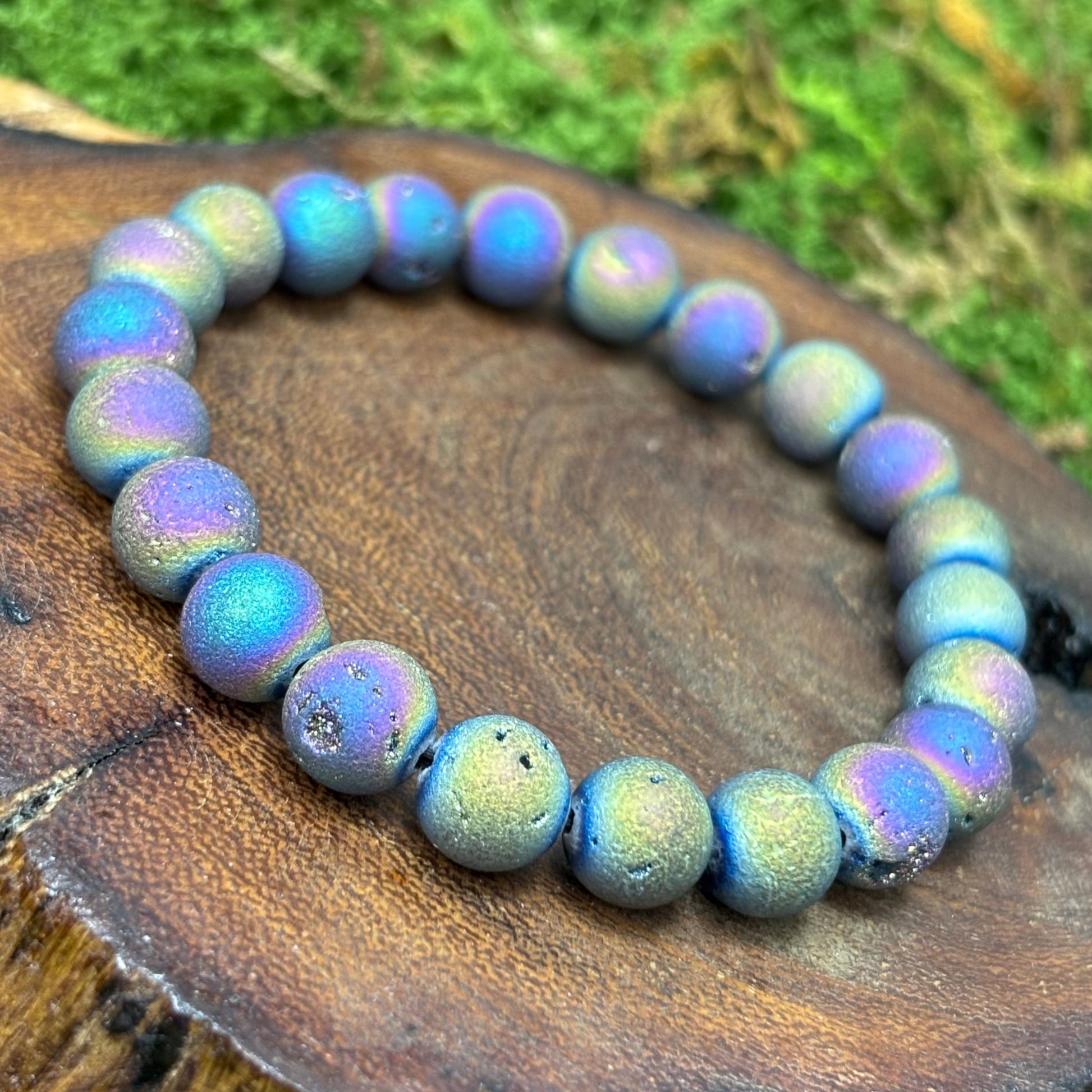 Titanium Aura Druzy Sphalerite 8.5mm Bead Crystal Bracelet