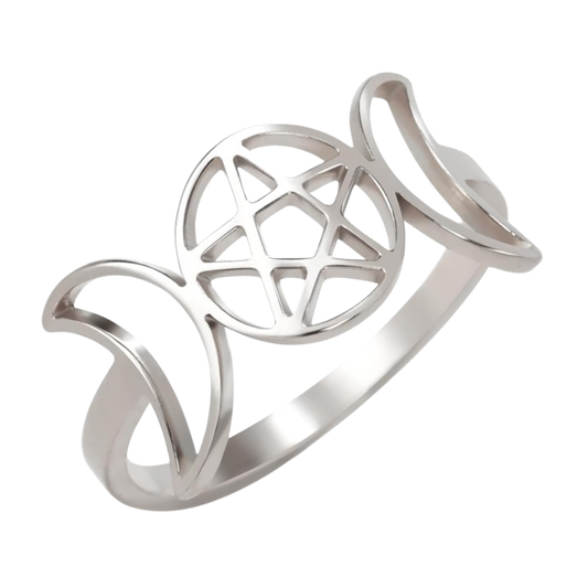 Triple Moon & Pentagram Silver Goddess  Ring