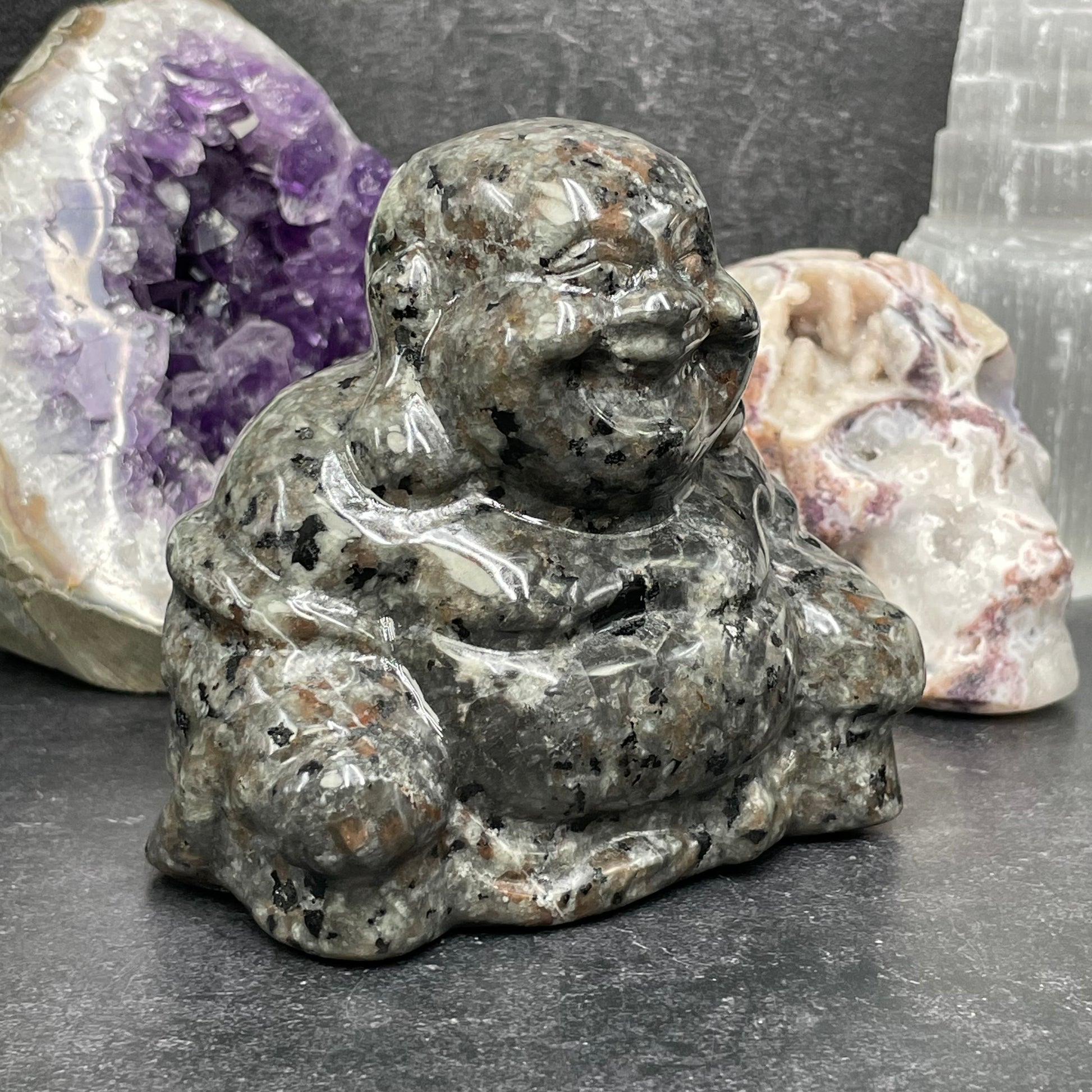 Yooperlite Crystal Laughing Buddha Carving