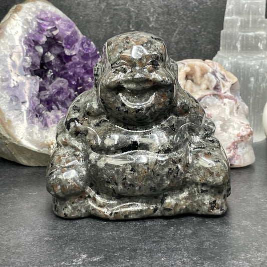 Yooperlite Crystal Laughing Buddha Carving