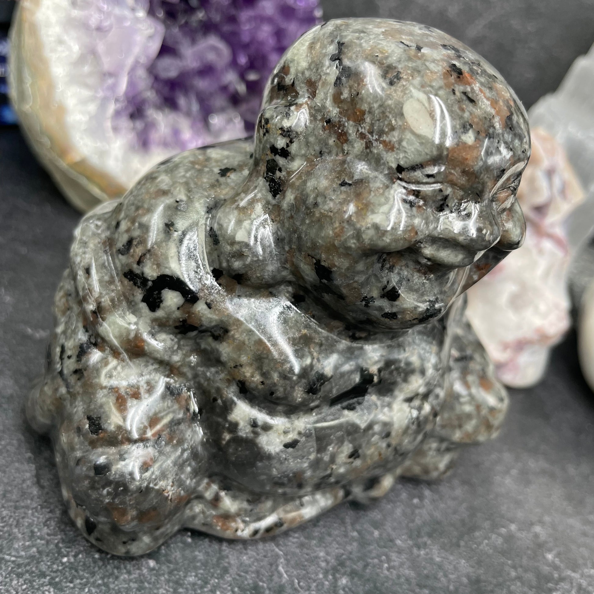 Yooperlite Crystal Laughing Buddha Carving
