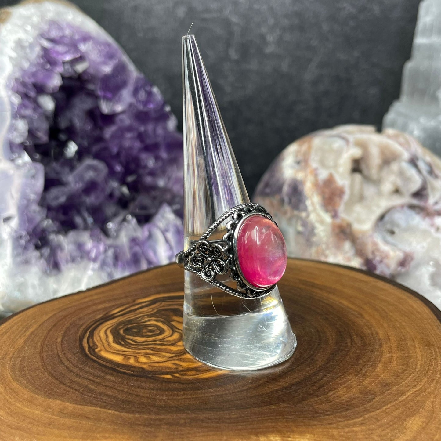 Adjustable Pink Mica Crystal Silver Plated Ring
