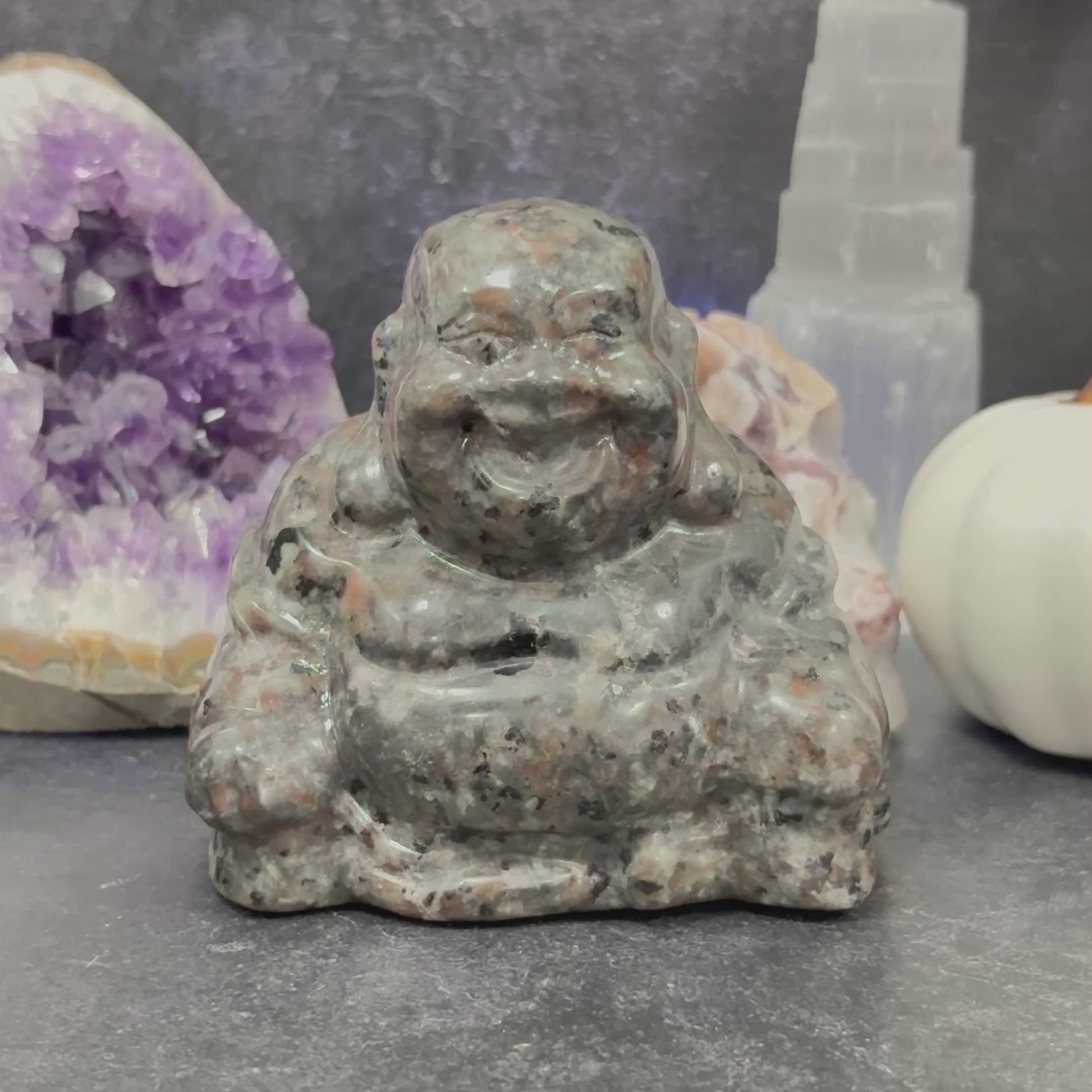 Yooperlite Crystal Laughing Buddha Carving