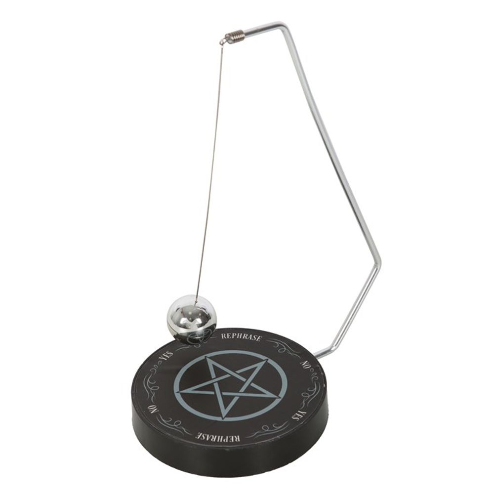 With a mystic pentagram design, this metal decision maker features a spherical pendulum that magically selects one of six responses  Simply ask your desired 'yes' or 'no' question and watch as the pendulum cycles through the possible outcomes and lands on your destiny  Perfect in size for keeping on desktops and side tables for quick decision-making